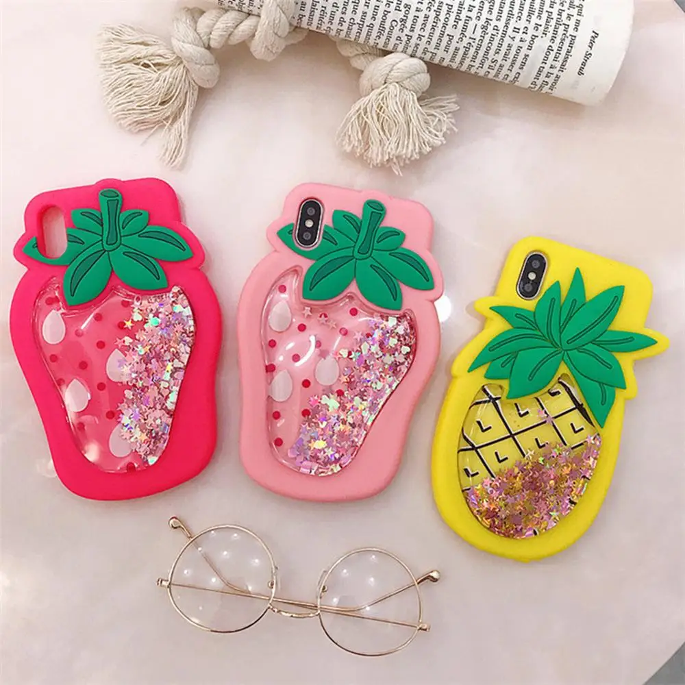 

3D Strawberry Pineapple Shining Star Dynamic Liquid Decompression Silicone Cover for Iphone 11Pro MAX XS XR 7 8 Plus Phone Case