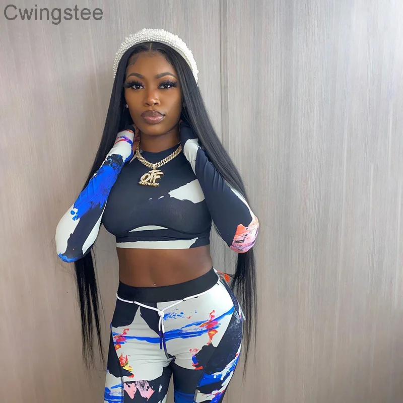 

Повседневная спортивная одежда, тренировочные костюмы для фитнеса с длинным рукавом и принтом Tie Dye, короткий топ и леггинсы, комплекты Co-ord