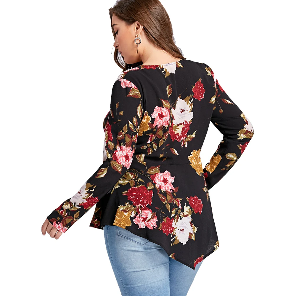 ROSE GAL Plus Size 5XL Zipper Floral Flower Print Blouse Shirt Women Long Sleeve Tunic Peplum Chiffon Tops Autumn Blusas 2019 |
