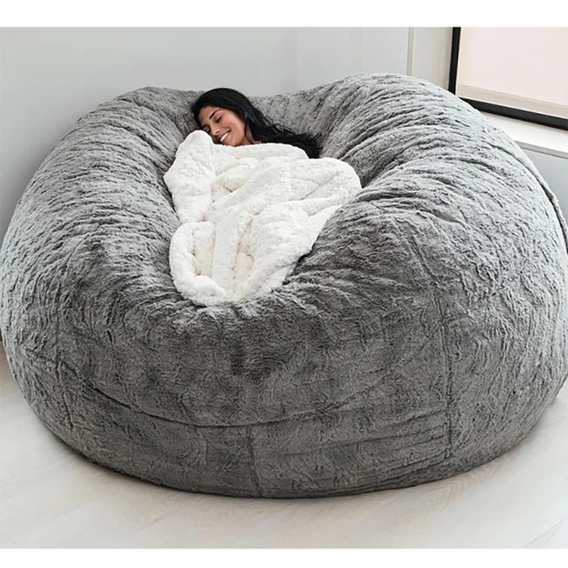 6ft Giant Fur Bean Bag Cover Living Room Furniture Big Round Soft Fluffy Faux Fur BeanBag Lazy Sofa Bed Coat Without Fillings