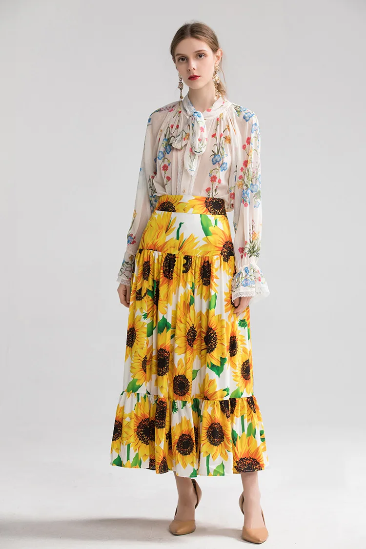 Fashion women's brand new high quality loose Shirts+floral print skirts two piece set 2019 Autumn women skirt suit B014 |