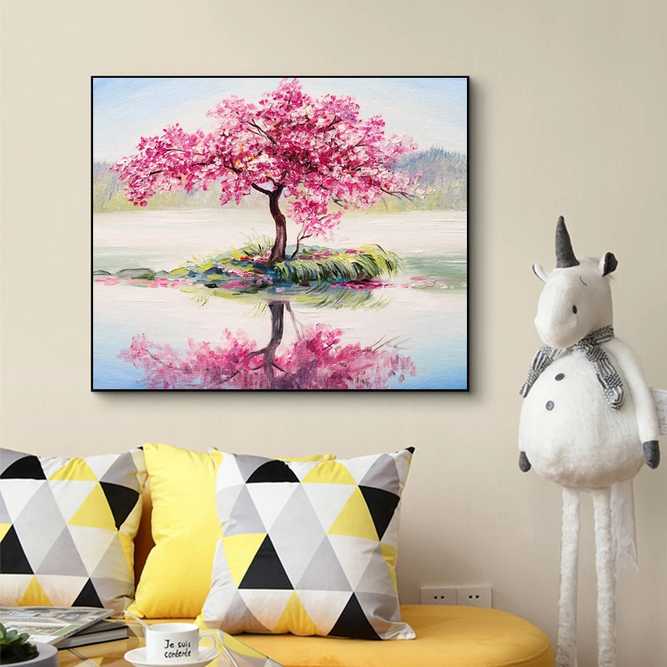 

Pink Trees Abstract Canvas Painting Home Decor Fuji Snow Mountain Wall Art Posters and Prints Living Room Nordic Home Decoration