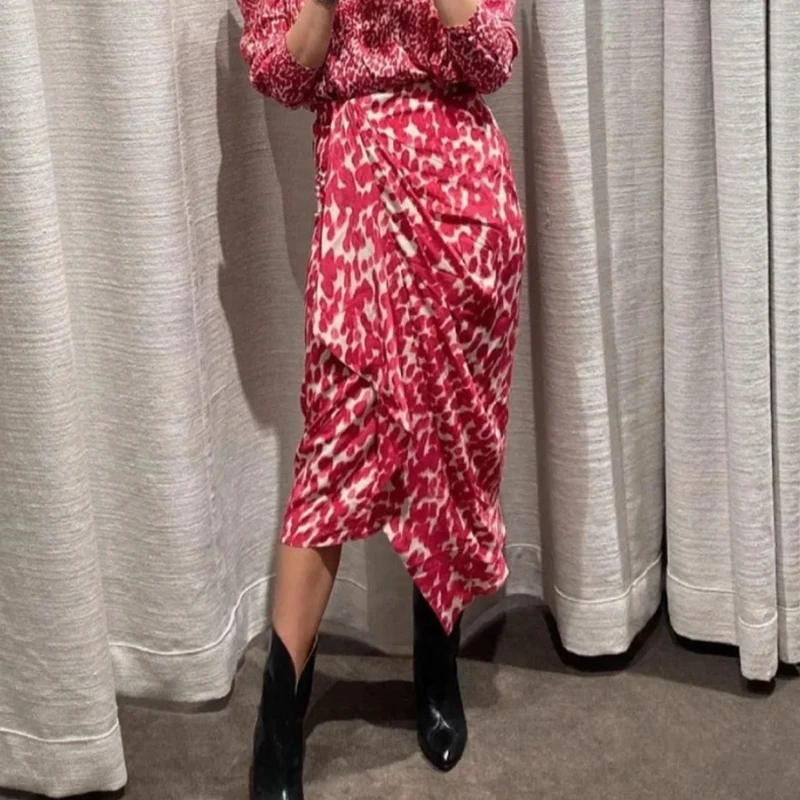

Women Skirt 2021 Autumn New Printed Silk Pleated Rose Red Mid-length Skirt