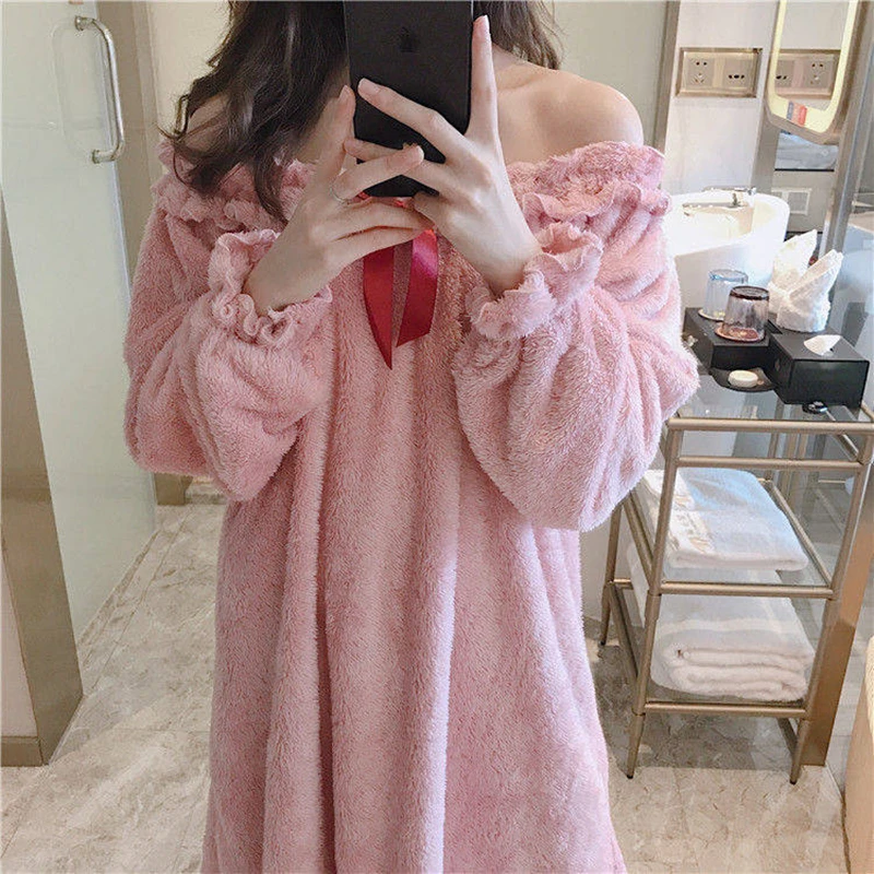 SOUGEN Flannel Sleepwear Women Sweet Pink Nightgowns Ruffles Neck Loose Sleepwear  for Women Plus Size Thick Autumn Winter