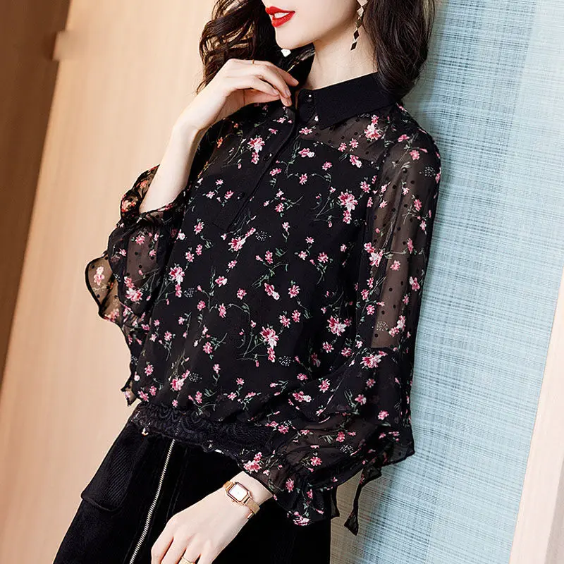 

Fashion blouse women's trendy super fairy chiffon shirt, high-end small shirt, thin French loose floral shirt