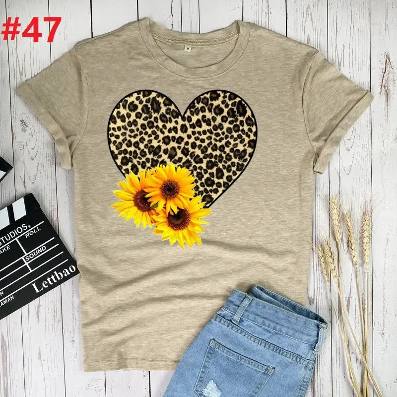

Leopard Heart Sunflowers 2021 Black Women T-shirt Black Shirt Tees Girl Shirts Tumblr Tops Tee Women Vintage Tops