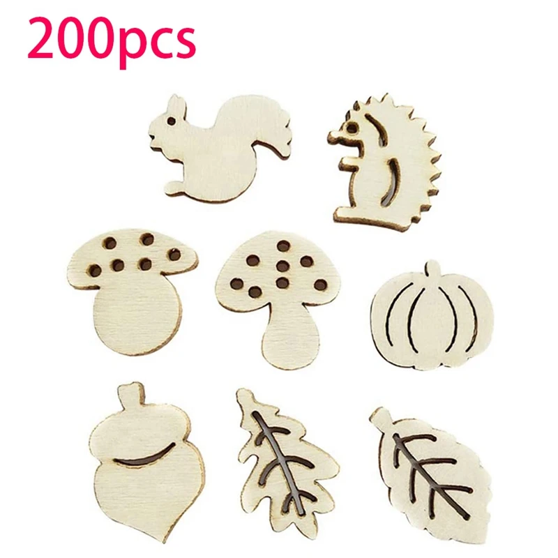 200PCS Wooden Cartoon Pieces Wood Animal Mushroom Leaf Embellishments for DIY Art Craft Decoration | Дом и сад