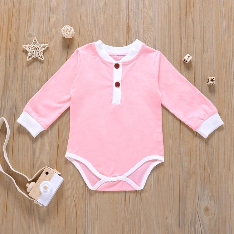 

Babys Casual Long-sleeved Jumpsuits Fashion Solid Color Button Round Neck Triangle Wrapped Romper
