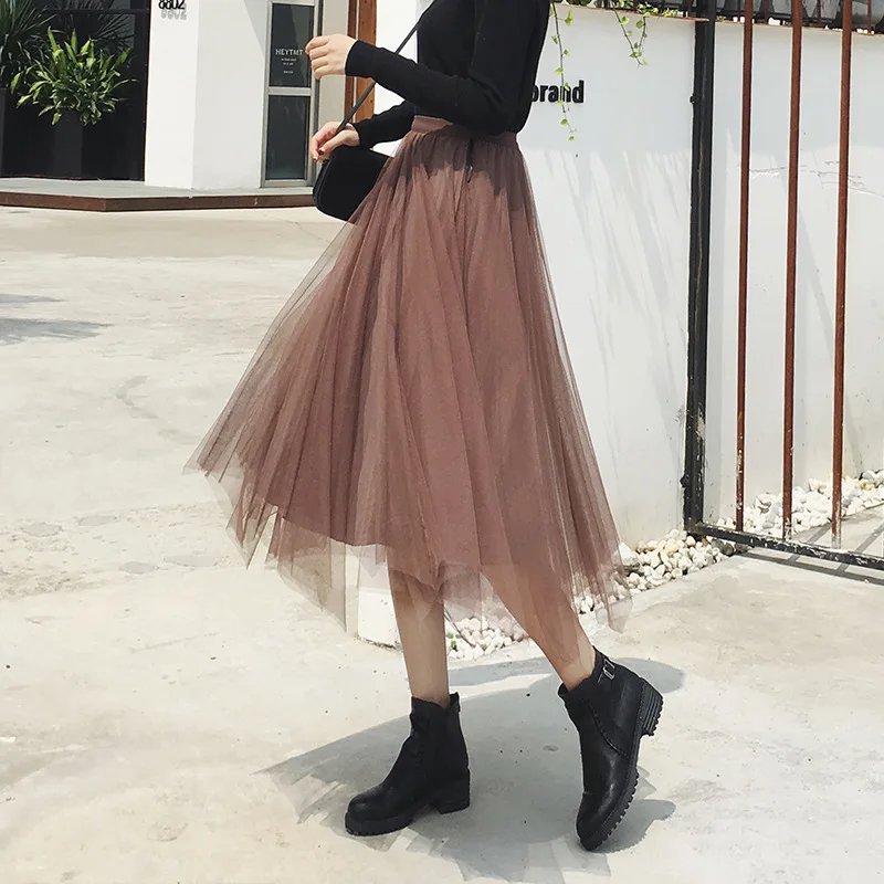 

Pleated Skirt Women's New High Waist Mesh+Gold Velvet Skirt Half Bottom Skirt Medium Length Fit Wear On Both Sides Chic Femme