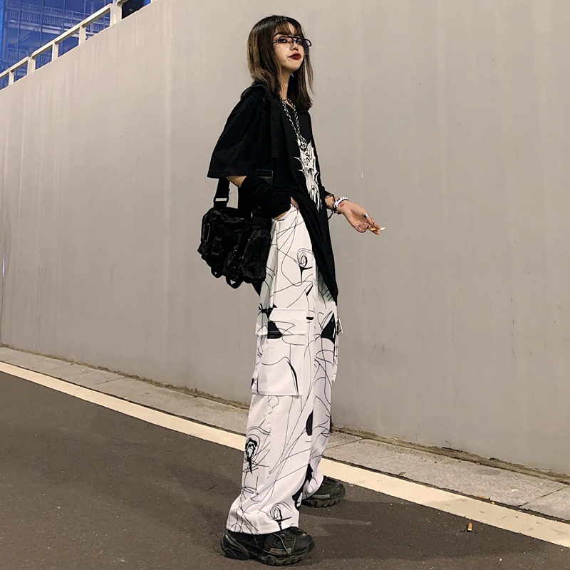 Lychee Harajuku Эластичный пояс хит цвет женские брюки большой карман летние женские брюки свободные прямые широкие женские брюки