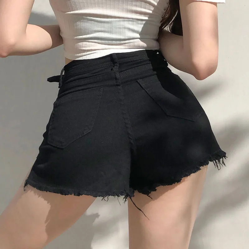 

Women Black Jean Shorts 2021 Summer High Waist Streetwear Korean Fashion Sexy Gothic Girl Hot Pants Mom Wide Leg Denim Shorts