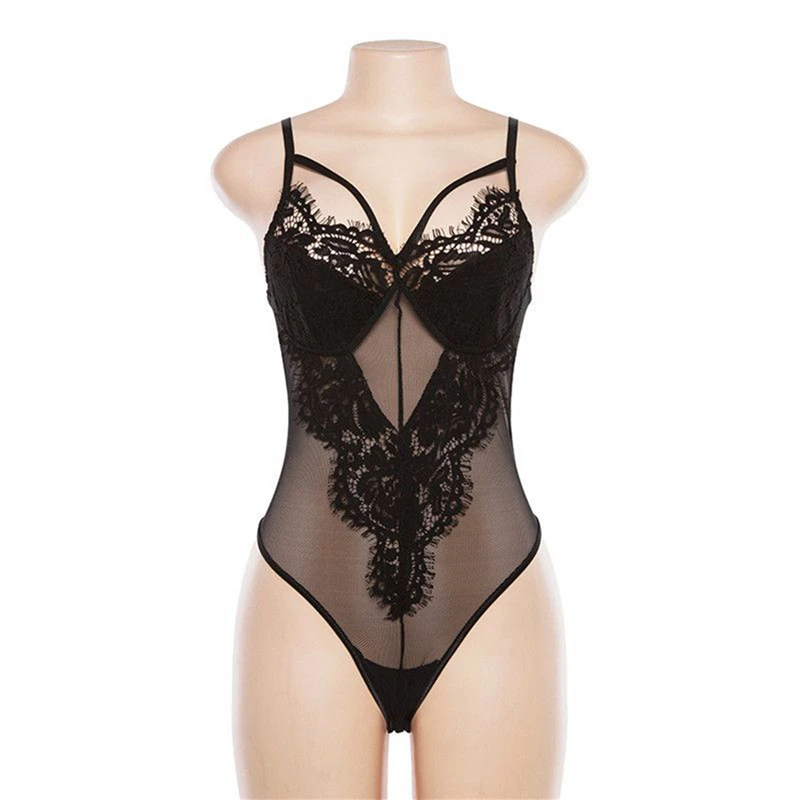 

2021 Sexy Lace Bodysuit Plus Size Women Hollow Out Summer Spaghetti Strap Skinny Jumpsuit Solid Color V-neck Mesh Rompers Female