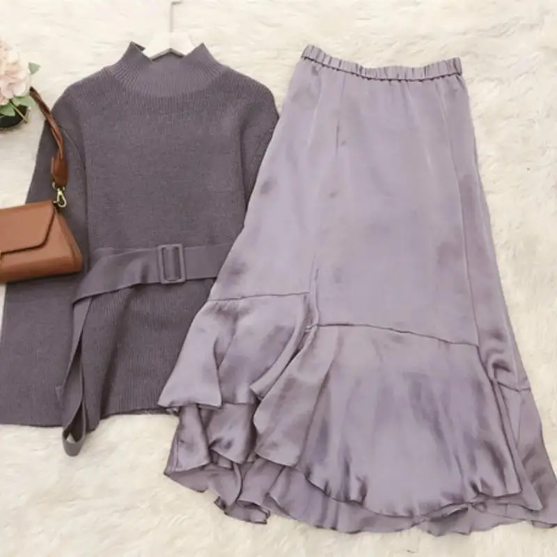 Женский однотонный костюм из 2 предметов свитер с высоким воротником на завязках