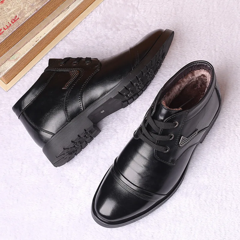 Мужские зимние ботинки на меху Черные ботильоны из натуральной кожи теплая обувь