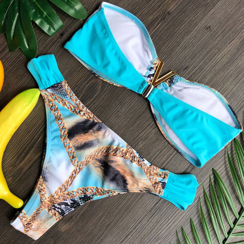 

Bandeau swimwear V print two piece swimsuit women swimming suits female bathers Summer 2020 new sexy swimsuit separate bikini