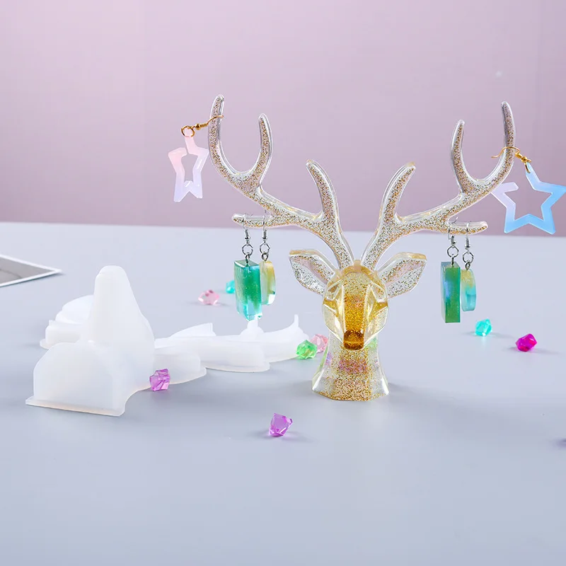 

New Deer Head Mirror Silicone Mold DIY Crystal Epoxy Pendulum Earrings Jewelry Storage Shelf Mold