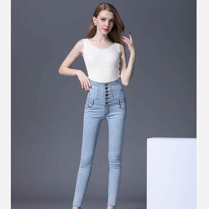 Весна 2020 большой размер Белый ЛД высокая талия тонкие дымчатые серые джинсы