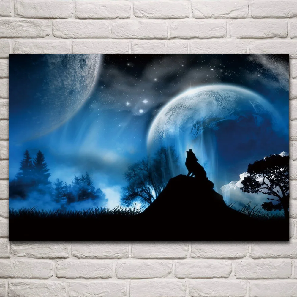 

Howling wolf Moon Night Planet nature Silhouette fabric posters on wall picture living room home decoration wood frame KQ673