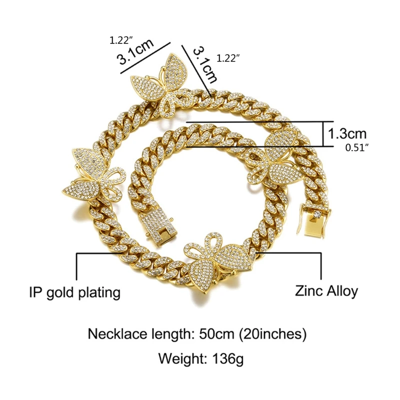 

2021 New 12mm Miami Cuban Link Chain Butterfly Rappers Necklace Cubic Zirconic Choker