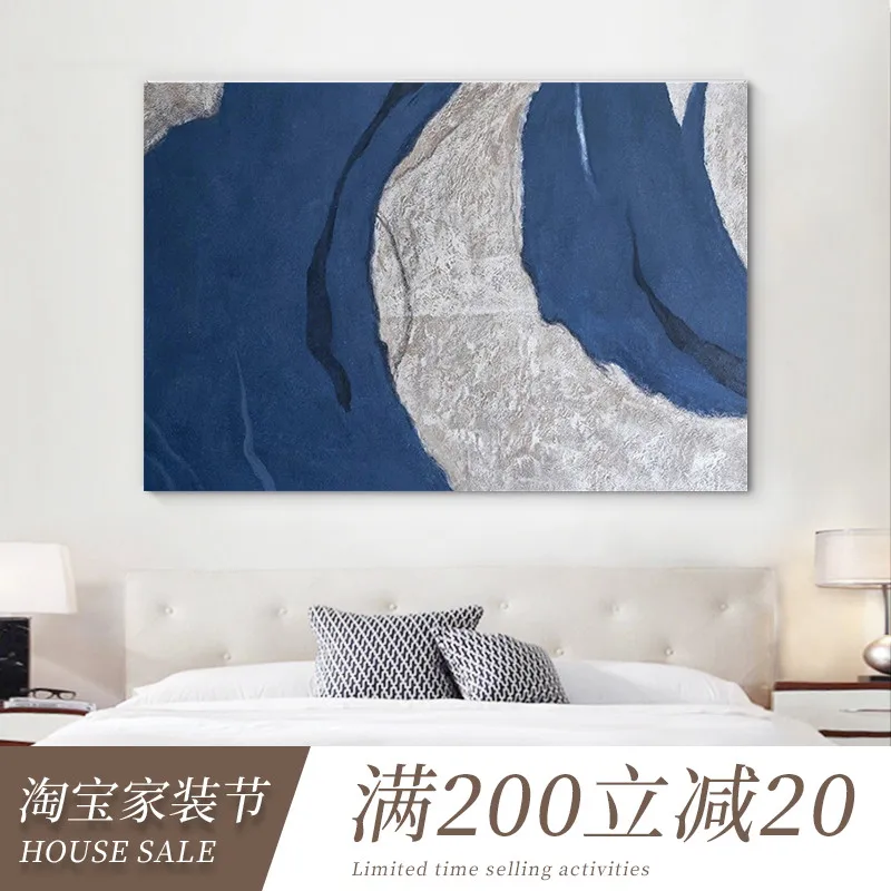 

Hand-Painted Blue and White Lines Abstract Decorative Painting Model Room Mural Light Luxury Modern Painting
