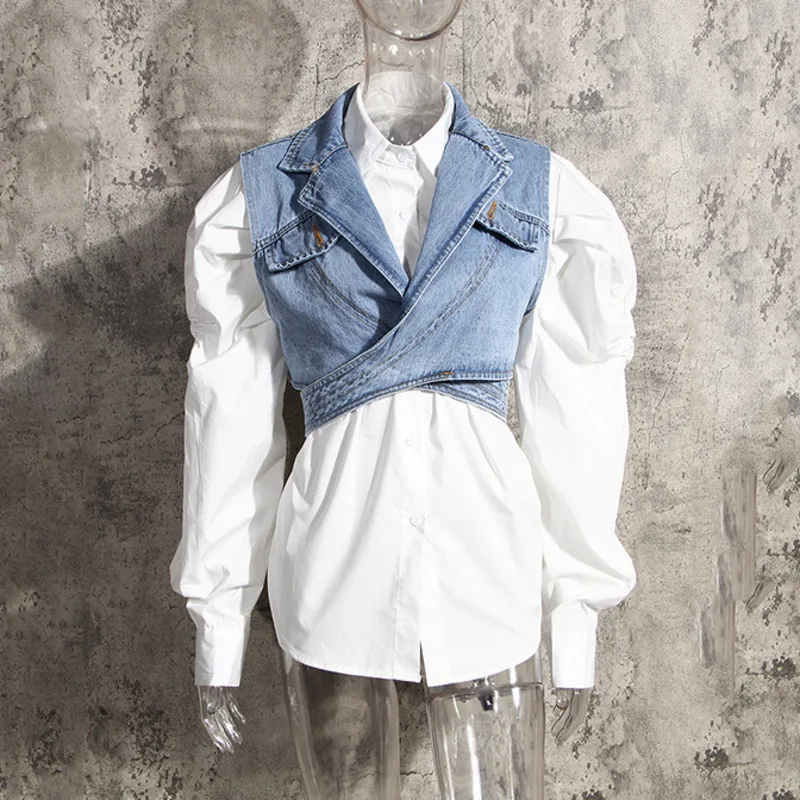 Женский однобортный джинсовый жилет DEAT белая хлопковая рубашка из двух
