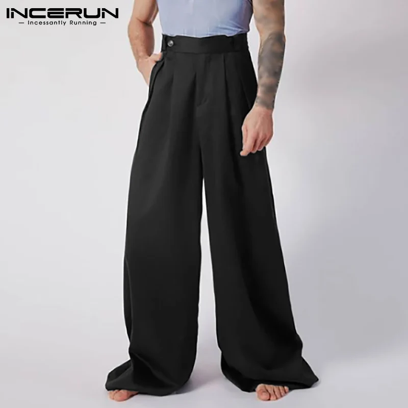 

2022 Men Wide Leg Pants Solid Color Streetwear Button Loose Fashion Trousers Men Pockets Vintage Casual Pantalon S-5XL INCERUN