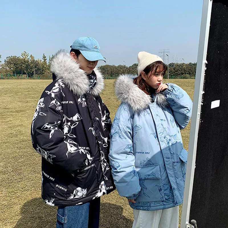 Winter Lovers Loose Thick Warm Parkas With Fur Collar Women Men Fashion Street Hooded Cotton Coats Ins Print Jackets 3 Colors