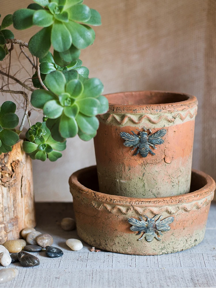 

Bee Red Pottery Flower Pot Vase Vintage Artistic American Country European Pastoral Grocery Garden