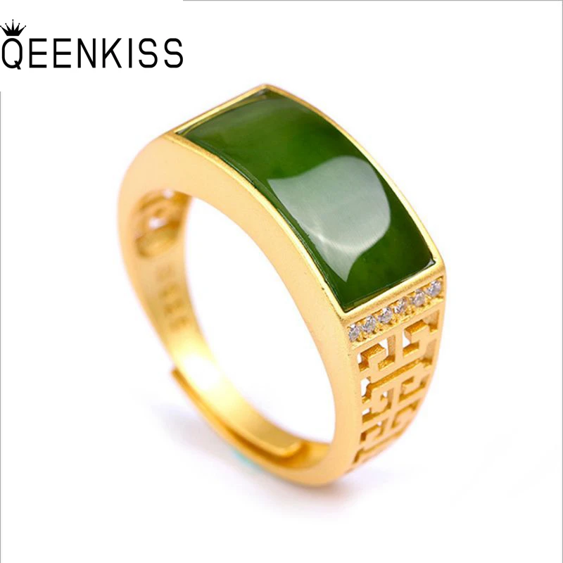 

QEENKISS RG5131 Fine Jewelry Wholesale Fashion Woman Man Birthday Wedding Gift Vintage Rectangle Jade 24KT Gold Resizable Ring