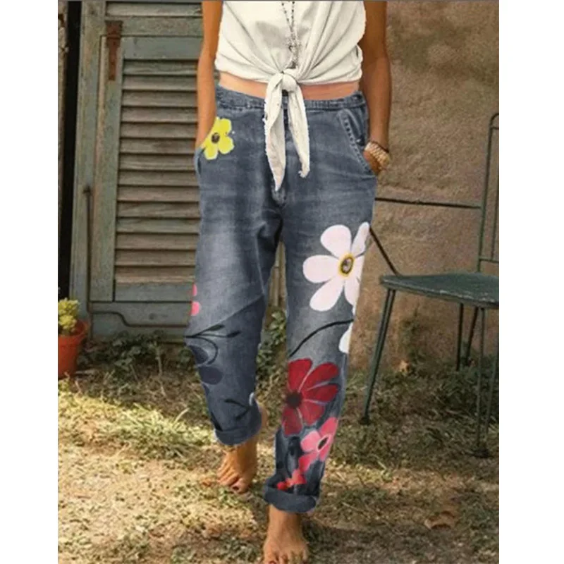 

KALENMOS Long Jeans Women Flower Appliques Denim Pants High Waist Trousers Vintage Clothes Jean Woman 2020 Mujer Pantalones New