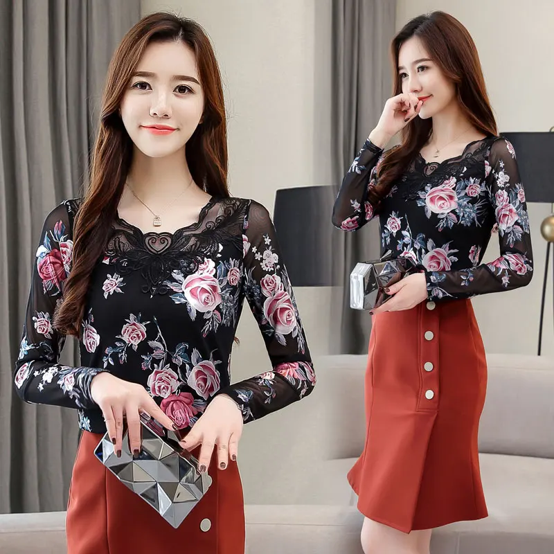 

New Fashion 2021 Autumn Women Blouse Long Sleeve V-neck Casual Women Clothing Hollow Floral Elegant Women Tops Plus Size 5533 50