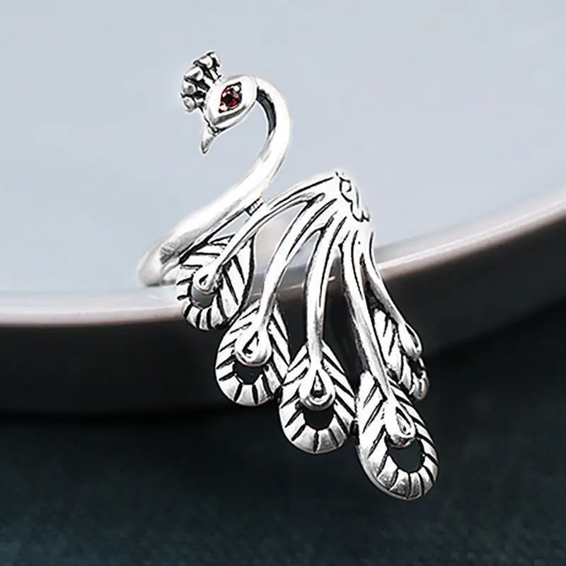 

2021 New Silver Plated Ring Female Index Finger Retro Ethnic Style Peacock Open Rings For Girl And Mother Birthday Gift