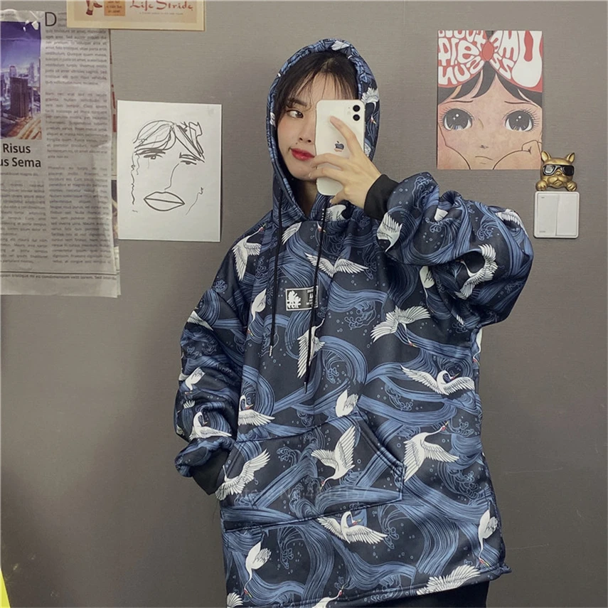 Худи женское с капюшоном укиё-э кимоно принтом журавля в японском стиле