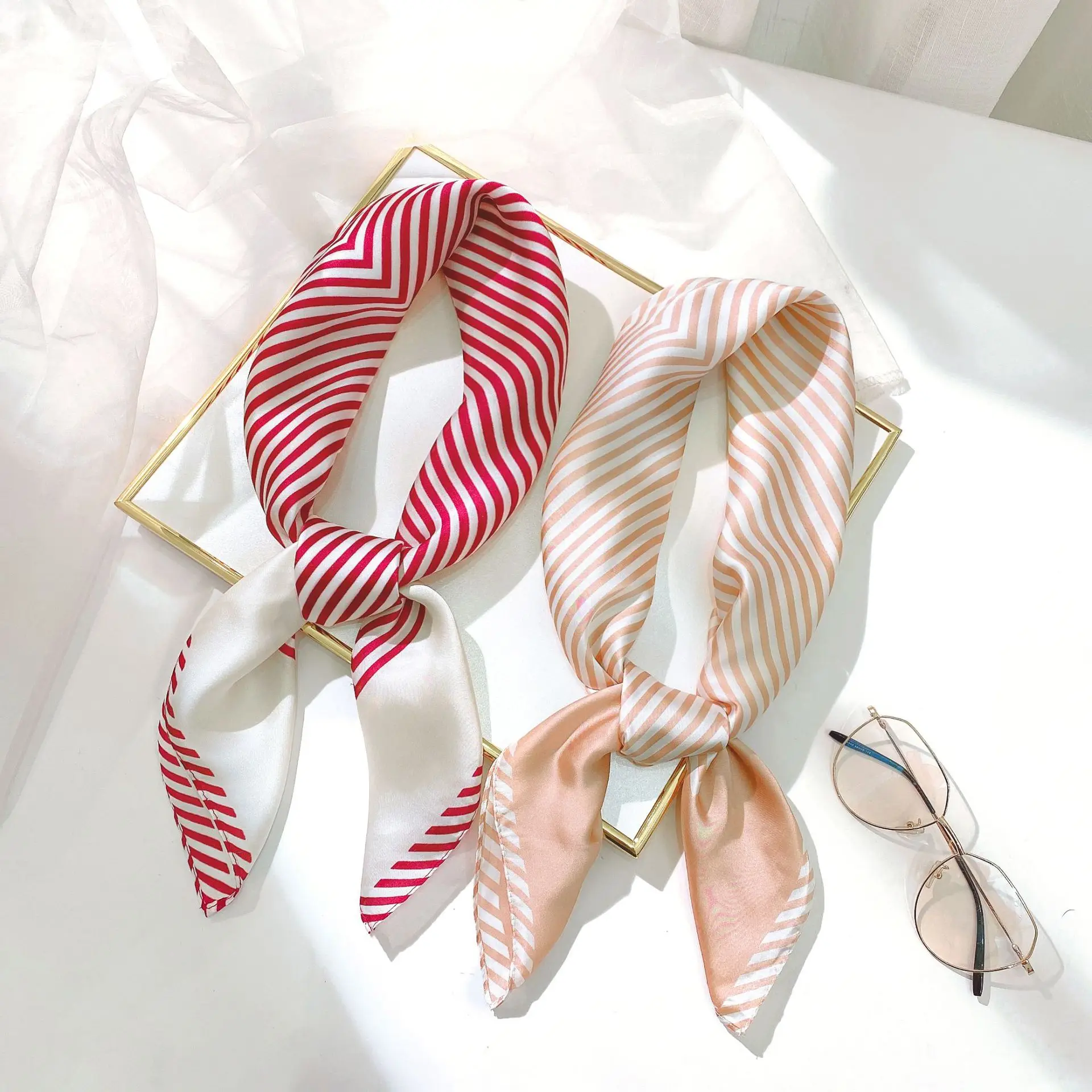New stripe imitate real silk scarf sweet roll edge adornment profession small printing |