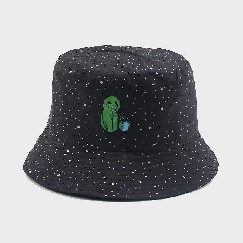 

2021 New Autumn Women Man Hats Cat Spoof Alien Cartoon Embroidered Fisherman Caps Double Sided Wearing Gypsophila Sun Hat