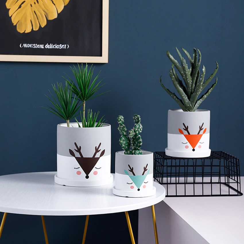 Домашние керамические цветочные горшки с милым оленем мясистые зеленые для