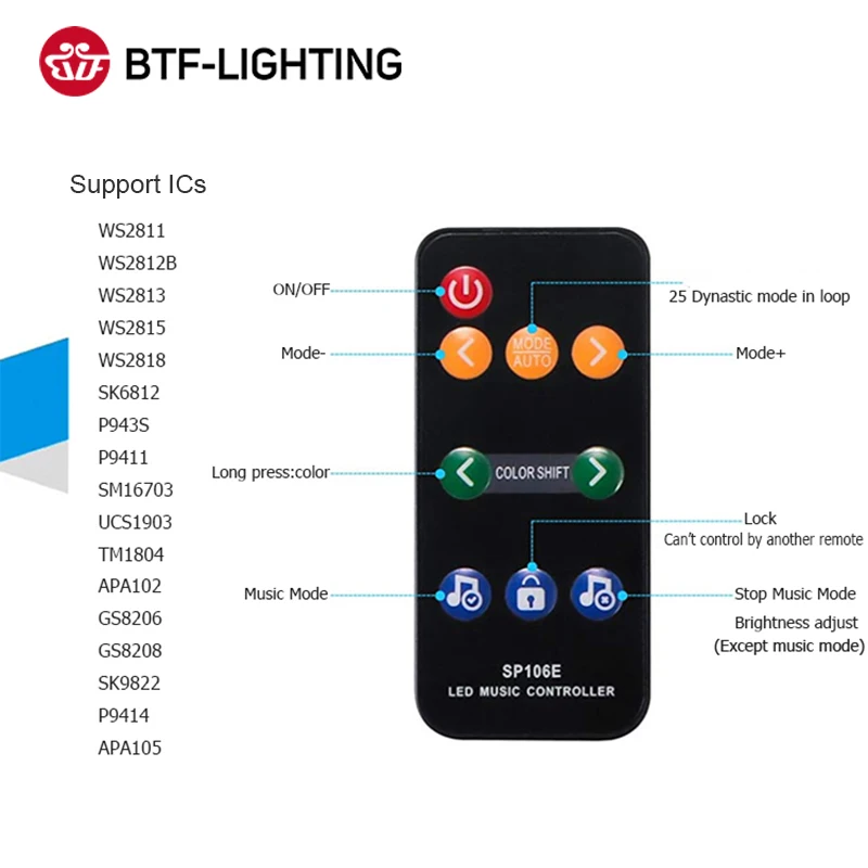 SP106E RGB светодиодный контроллер 9 ключей RF Беспроводной пикселей IC SPI Музыка