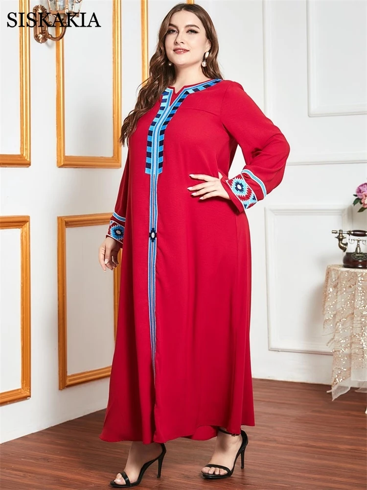 

Siskakia Plus Size Ethnic Embroidery Maxi Dresses for Women Long Sleeve Arabic Oman Dubai Moroccan Turkey Clothes Red Eid 2021