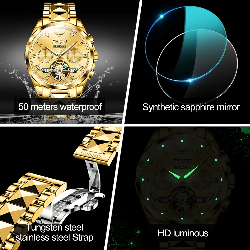 

OUPINKE 40mm Gold Men's Mechanical Watches 50M Waterproof Top Brand Sapphire Glass Stainless Steel Business Men's Watch