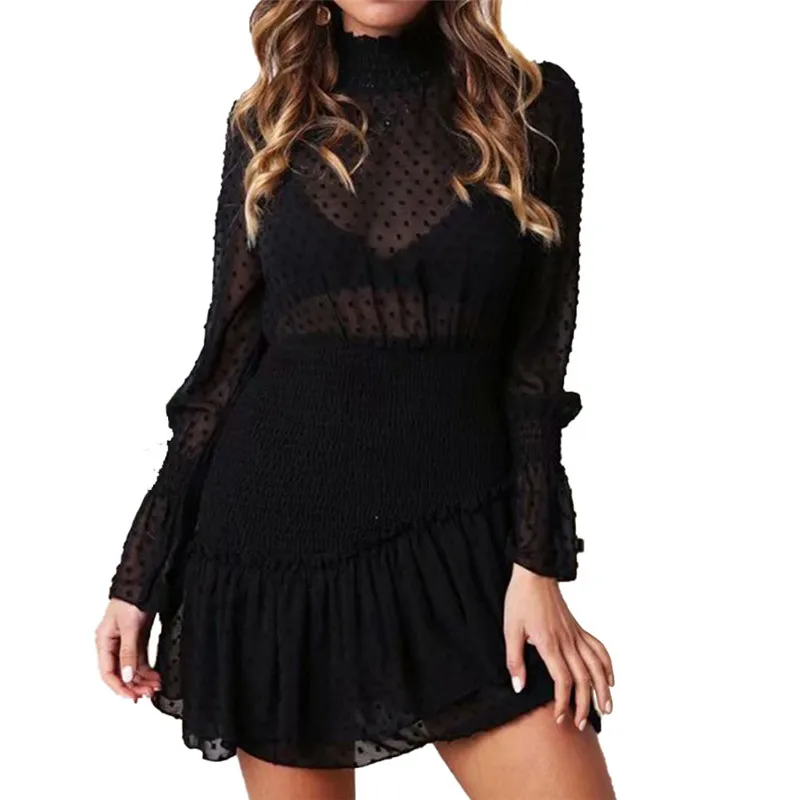 Женское винтажное короткое платье в горошек с поясом на резинке|Женские платья| |