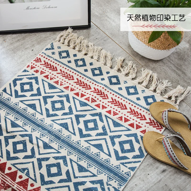 Ретро богемный тканый хлопковый льняной ковер ручной работы с кисточками
