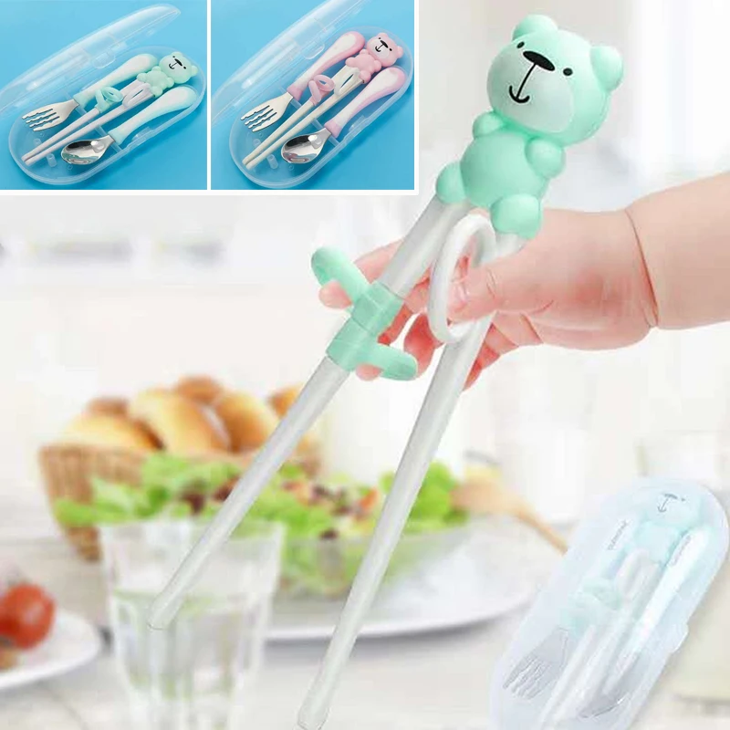 

Chopsticks +spoon+fork Feeding Tableware Set Cartoon Bear Kids Dishes Eating Dinnerware Anti-hot Training Baby Flatware Set