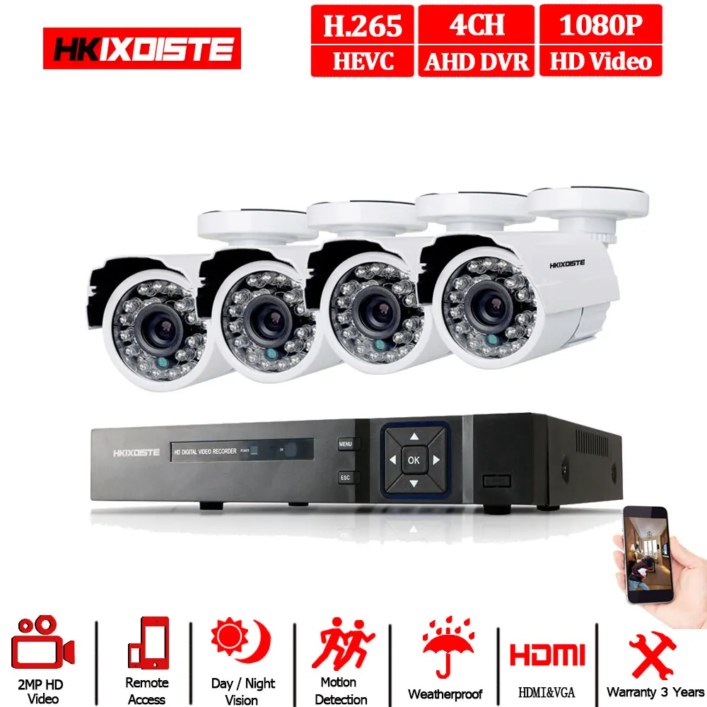 4CH система видеонаблюдения 1080P HDMI выход Видеонаблюдение DVR комплект с 4 шт 1080P домашняя камера видеонаблюдения системы безопасности 2.0MP AHD камера - Цвет: Белый