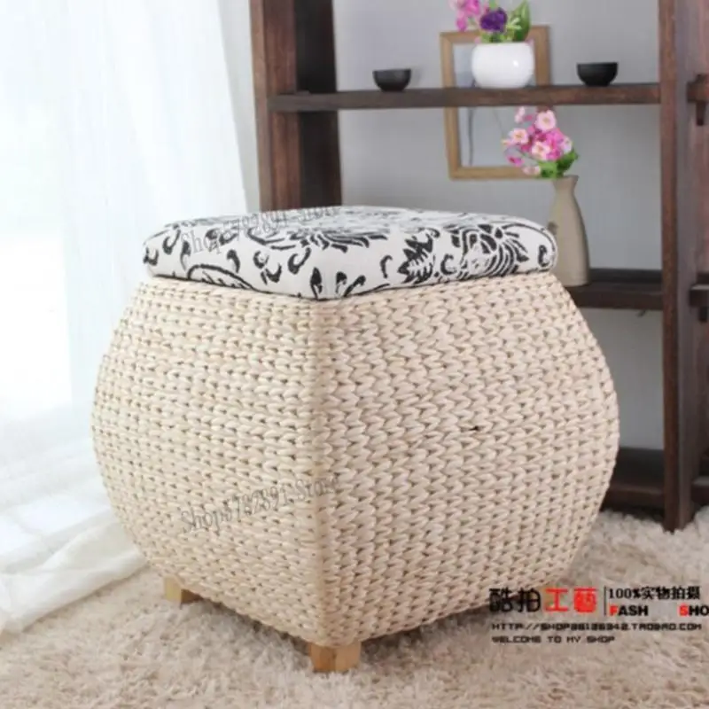 Solid Wood Straw Woven Storage Stool Rattan Shoe Bench Can Sit Adult Box Multifunctional Sofa |