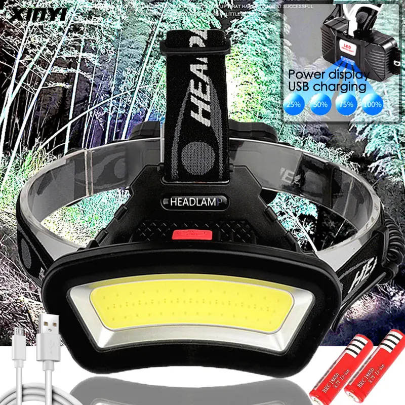 200m Long Lighting 10000LM USB rechargeable LED Headlight Distance Wide Angle COB Head Lamp Lantern For Hike Outdoor Use 2*18650