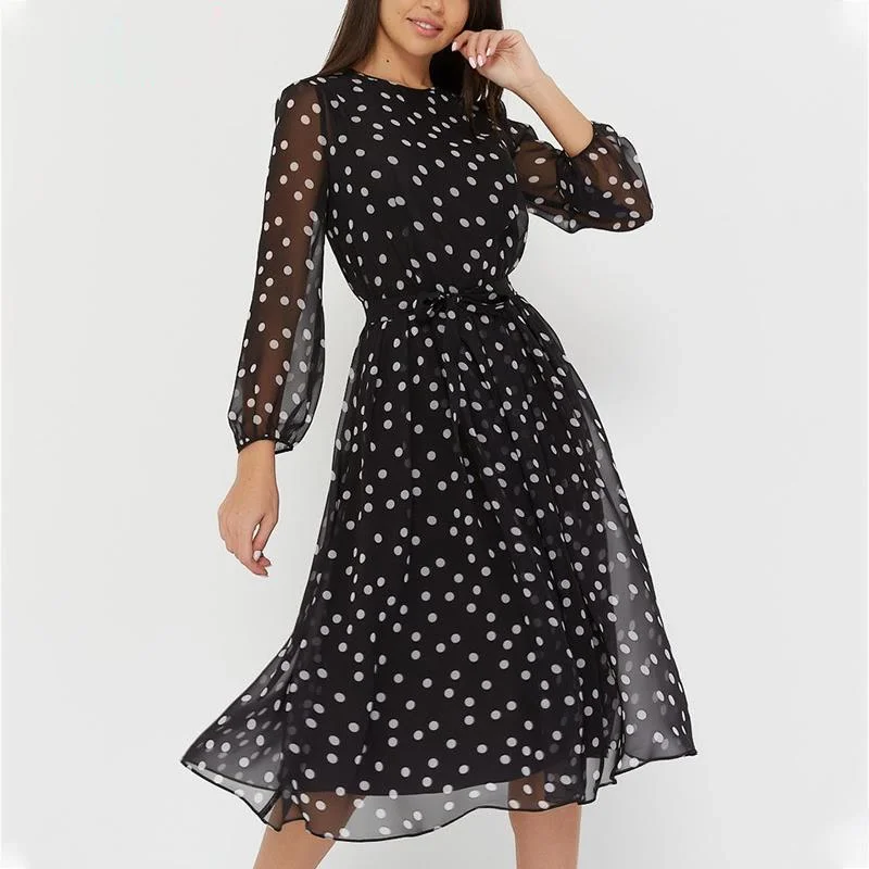 

Vintage Dot Printing Women 2021 Spring Chiffon Dress Summer Fashion Casual Dress Boho Beach Women A-line Vestidos