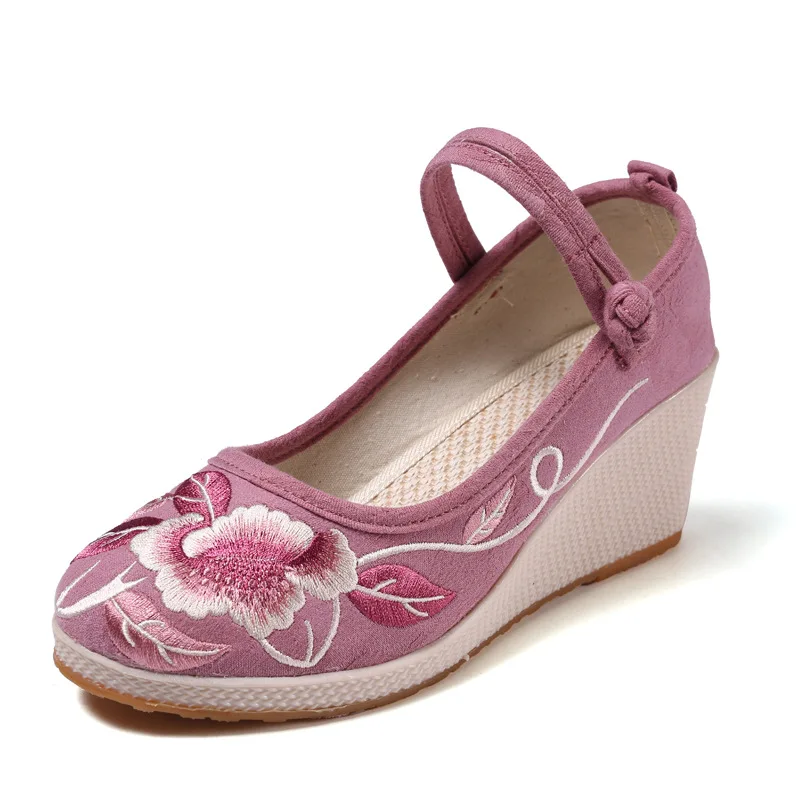 

Retro Woman Shoes Round Toe Casual Female Sneakers Fabric Basic TPR Embroider Leisure Ethnic Buckle Strap Wedges Floral PU Lace-