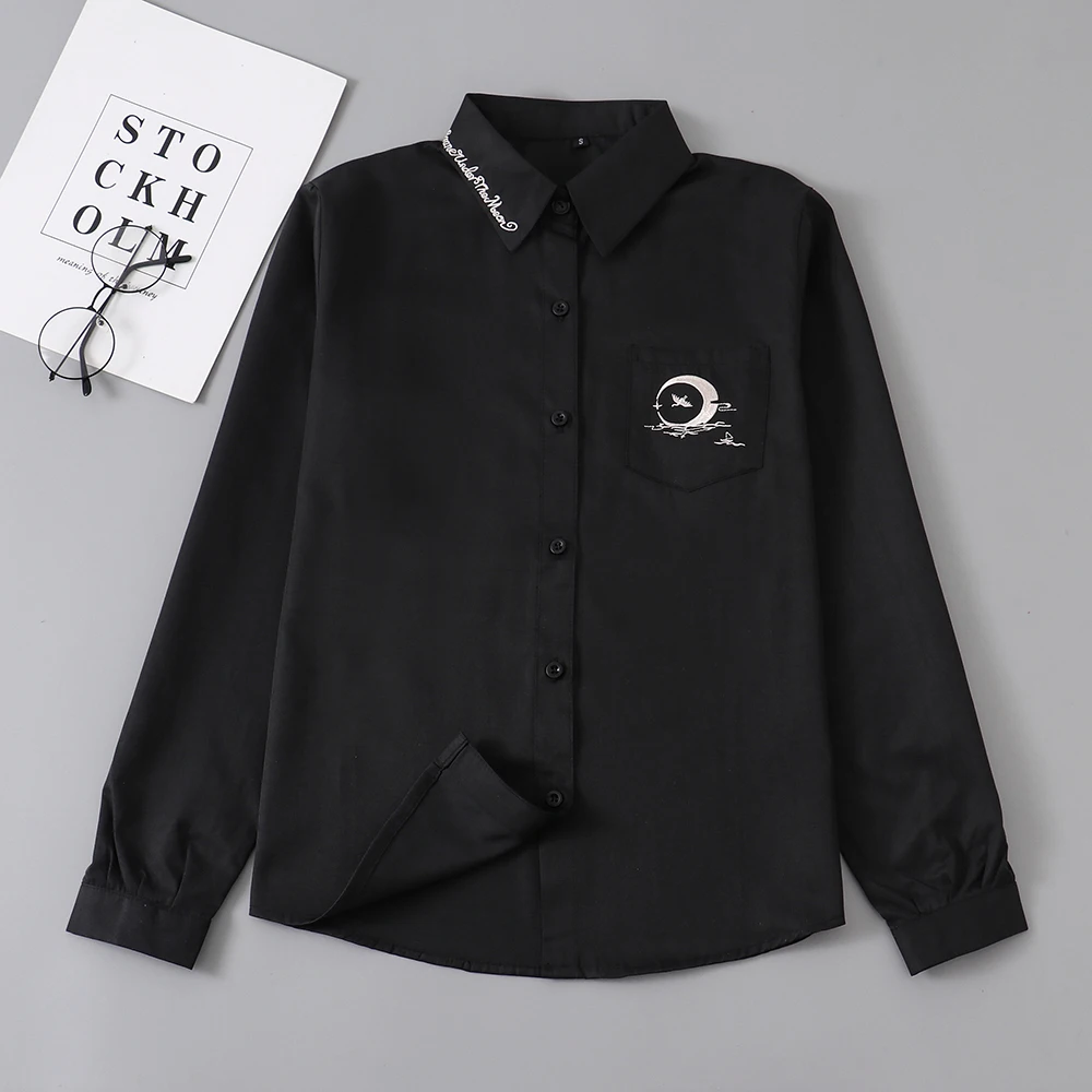 

2021 Women T Shirt Harajuku Vintage Black White Long Short Sleeve Solid Oversize Plus Size Turn Down Collar JK Tops Female