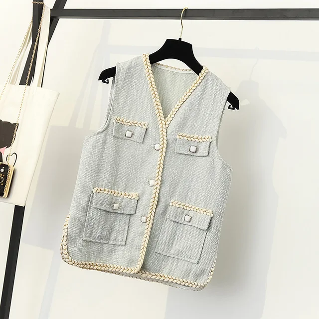 Женская твидовая куртка без рукавов повседневная безрукавка размера плюс для