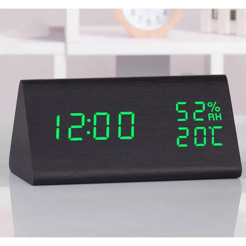 LED Wood Grain Alarm Clock Temperature Humidity Triangle-Shape Desktop Table Clocks Bedroom Home Décor | Дом и сад